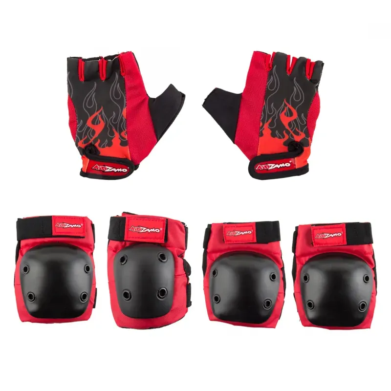Kidzamo Heavy Duty Flame Youth Elbow/Knee Pad Set w/Gloves in Red